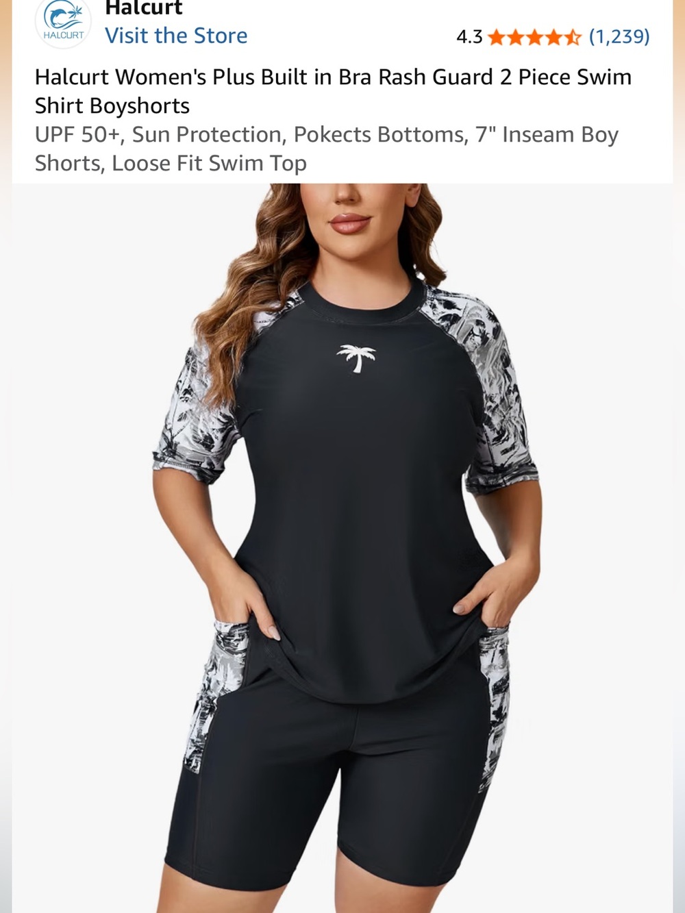 Women's 2x Plus Size Black Rash Guard Swim Top and Boy Shorts Palm Print Sleeve